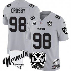 Men\'s Las Vegas Raiders #98 Maxx Crosby Grey 2024 F.U.S.E With Nevada Silver Stat Patch And 65th Anniversary Patch 4-Star C Patch Stitched Football Jersey