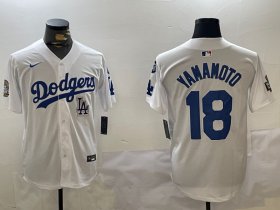 Cheap Men\'s Los Angeles Dodgers #18 Yoshinobu Yamamoto White 2024 World Series With Fernando Memorial Patch Home Limited Stitched Baseball Jersey