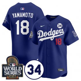 Cheap Men\'s Los Angeles Dodgers #18 Yoshinobu Yamamoto Royal 2024 World Series With No. 34 Patch Cool Base Stitched Baseball Jersey