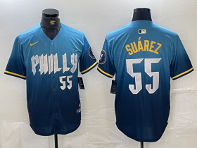 Cheap Men\'s Philadelphia Phillies #55 Ranger Suarez Blue 2024 City Player Number Cool Base Jersey