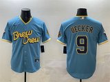 Cheap Men's Milwaukee Brewers #9 Bob Uecker Powder Blue City Connect With Patch Cool Base Stitched Jersey