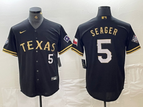 Cheap Men\'s Texas Rangers #5 Corey Seager Number Black Gold Cool Base Stitched Baseball Jersey