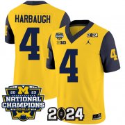 Cheap Men's Michigan Wolverines #4 Jim Harbaugh Yellow Navy 2024 F.U.S.E. With 2023 National Champions Patch Stitched Jersey