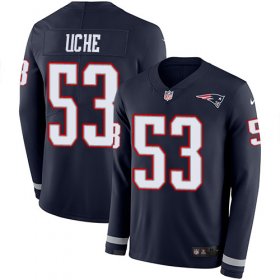 Wholesale Cheap Nike Patriots #53 Josh Uche Navy Blue Team Color Men\'s Stitched NFL Limited Therma Long Sleeve Jersey