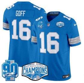 Cheap Men\'s Detroit Lions #16 Jared Goff Blue 2024 NFC North Champions 90th Anniversary Patch F.U.S.E. Vapor Limited Stitched Jersey