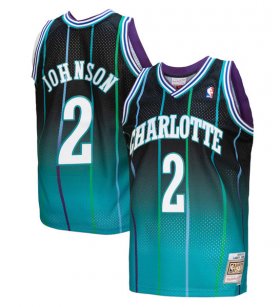 Cheap Men\'s Charlotte Hornets #2 Larry Johnson Teal Black Throwback Stitched Jersey