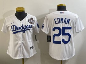 Cheap Women\'s Los Angeles Dodgers #25 Tommy Edman White 2024 World Series Cool Base Stitched Baseball Jersey(Run Small)