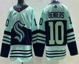 Cheap Men\'s Seattle Kraken #10 Matthew Beniers Light Green 2022 Reverse Retro Authentic Jersey