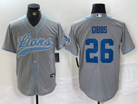 Cheap Men\'s Detroit Lions #26 Jahmyr Gibbs Grey With Patch Cool Base Stitched Baseball Jersey