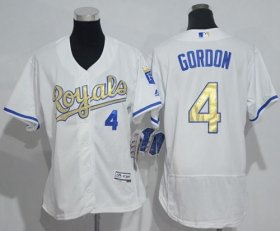 Wholesale Cheap Royals #4 Alex Gordon White Flexbase Authentic 2015 World Series Champions Gold Program Cool Base Women\'s Stitched MLB Jersey