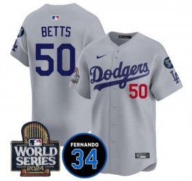 Cheap Men\'s Los Angeles Dodgers #50 Mookie Betts Grey 2024 World Series With Fernando Memorial Patch Limited Stitched Baseball Jersey