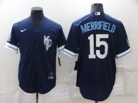 Wholesale Cheap Men\'s Kansas City Royals #15 Whit Merrifield 2022 Navy Blue City Connect Cool Base Stitched Jersey