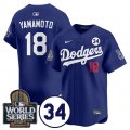 Cheap Men's Los Angeles Dodgers #18 Yoshinobu Yamamoto Royal 2024 World Series With No. 34 Patch Cool Base Stitched Baseball Jersey