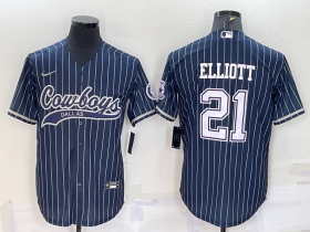 Wholesale Cheap Men\'s Dallas Cowboys #21 Ezekiel Elliott Navy Blue Pinstripe With Patch Cool Base Stitched Baseball Jersey