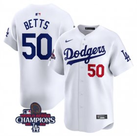 Cheap Men\'s Los Angeles Dodgers #50 Mookie Betts White 2024 World Series Champions Home Limited Stitched Baseball Jersey