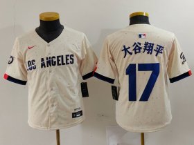 Cheap Youth Los Angeles Dodgers #17 Shohei Ohtani Cream Blue 2024 City Connect Limited Stitched Jersey