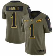 Wholesale Cheap Men's Olive Philadelphia Eagles #1 Jalen Hurts 2021 Camo Salute To Service Golden Limited Stitched Jersey