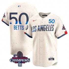 Cheap Men\'s Los Angeles Dodgers #50 Mookie Betts Cream 2024 World Series Champions City Connect Limited Stitched Baseball Jersey