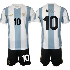 Cheap Men\'s Argentina #10 Lionel Messi White Blue 2025 Home Soccer Jersey Suit