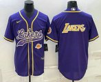 Cheap Men's Los Angeles Lakers Purple Big Logo With Patch Cool Base Stitched Baseball Jerseys