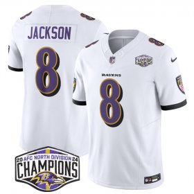 Cheap Men\'s Baltimore Ravens #8 Lamar Jackson White F.U.S.E 2024 AFC North Division Champions Vapor Limited Football Jersey