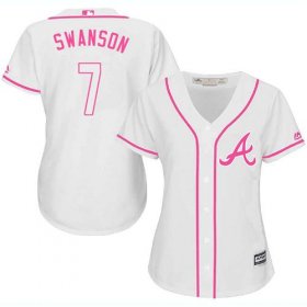 Wholesale Cheap Braves #7 Dansby Swanson White/Pink Fashion Women\'s Stitched MLB Jersey