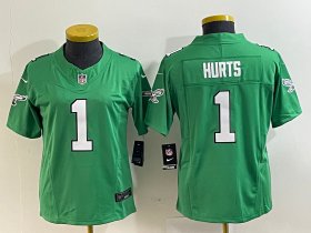 Wholesale Cheap Women\'s Philadelphia Eagles #1 Jalen Hurts Green 2023 F.U.S.E. Stitched Football Jersey(Run Small)