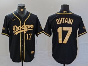 Cheap Men\'s Los Angeles Dodgers #17 Shohei Ohtani Number Black Gold World Series Champions Cool Base Stitched Jersey