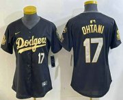 Cheap Women's Los Angeles Dodgers #17 Shohei Ohtani Black Gold 2024 World Series 34 Patch Stitched Cool Base Jerseys