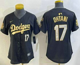 Cheap Women\'s Los Angeles Dodgers #17 Shohei Ohtani Black Gold 2024 World Series 34 Patch Stitched Cool Base Jerseys