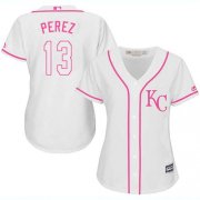 Wholesale Cheap Royals #13 Salvador Perez White/Pink Fashion Women's Stitched MLB Jersey