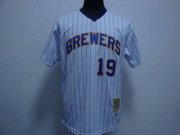 Wholesale Cheap Mitchell and Ness Brewers #19 Robin Yount Stitched White Blue Strip Throwback MLB Jersey