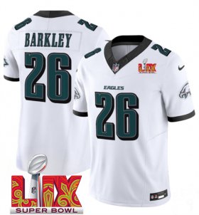 Men\'s Philadelphia Eagles #26 Saquon Barkley White 2025 Super Bowl LIX Patch New F.U.S.E. Vapor Untouchable Limited Stitched Football Jersey