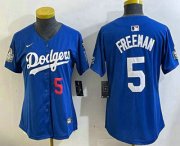 Cheap Women's Los Angeles Dodgers #5 Freddie Freeman Number Blue 2024 World Series With Fernando 34 Patch Limited Stitched Jerseys