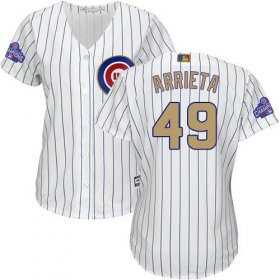 Wholesale Cheap Cubs #49 Jake Arrieta White(Blue Strip) 2017 Gold Program Cool Base Women\'s Stitched MLB Jersey