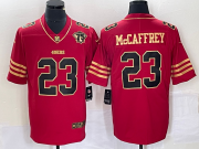 Wholesale Cheap Men's San Francisco 49ers #23 Christian McCaffrey Red 75th Patch Golden Edition Stitched Nike Limited Jersey