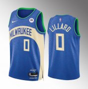 Men's Milwaukee Bucks #0 Damian Lillard Blue 2023-24 City Edition Stitched Basketball Jersey