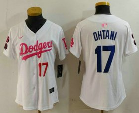 Cheap Women\'s Los Angeles Dodgers #17 Shohei Ohtani Number White Pink With Patch Limited Stitched Jersey