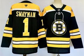 Cheap Men\'s Boston Bruins #1 Jeremy Swayman Black 2024-25 Home Stitched Hockey Jersey