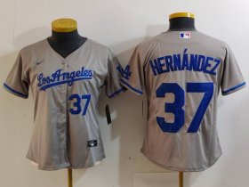 Women\'s Los Angeles Dodgers #37 Teoscar Hernandez Number Grey With Los Cool Base Stitched Jerseys