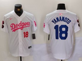 Cheap Men\'s Los Angeles Dodgers #18 Yoshinobu Yamamoto White Pink Vin & Kobe Patch Stitched Baseball Jerseys