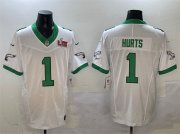 Men's Philadelphia Eagles #1 Jalen Hurts White 2025 Super Bowl LIX Patch F.U.S.E. Vapor Untouchable Limited Stitched Football Jersey