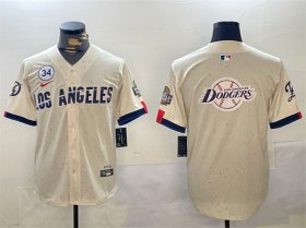 Cheap Men\'s Los Angeles Dodgers Team Big Logo Cream 2024 World Series With No. 34 Patch Limited Stitched Baseball Jersey