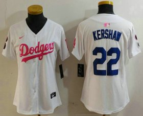 Cheap Women\'s Los Angeles Dodgers #22 Clayton Kershaw White Pink With Patch Limited Stitched Jersey