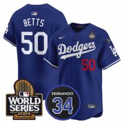 Cheap Men's Los Angeles Dodgers #50 Mookie Betts Royal 2024 World Series With Fernando Memorial Patch Limited Stitched Baseball Jersey