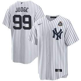 Cheap Men\'s New York Yankees #99 Aaron Judge White 2024 World Series With Name Cool Base Stitched Baseball Jersey