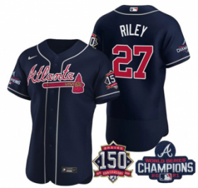 Wholesale Cheap Men\'s Navy Atlanta Braves #27 Austin Riley Swanson 2021 World Series Champions With 150th Anniversary Flex Base Stitched Jersey