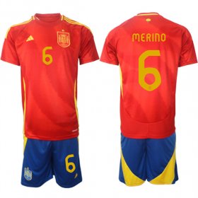 Men\'s Spain Team #6 Mikel Merino 2024-25 Red Home Soccer Jersey Suit