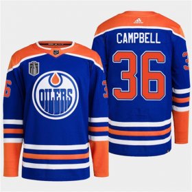 Cheap Men\'s Edmonton Oilers #36 Jack Campbell Royal 2024 Stanley Cup Final Patch Stitched Jersey