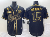 Wholesale Cheap Men's Kansas City Chiefs #15 Patrick Mahomes Black Gold C Patch Super Bowl LVII Cool Base Stitched Baseball Jersey